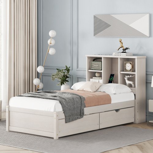 Modern Twin Size Bed Frame With Built-in USB Port On Bookcase Headboard And 2 Drawers For White Washed Color - Image 4