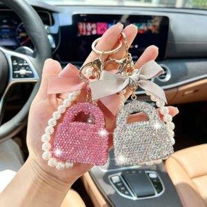 Fashionable Full-rhinestone Bag Car Keychain With A Creative Pearl Chain