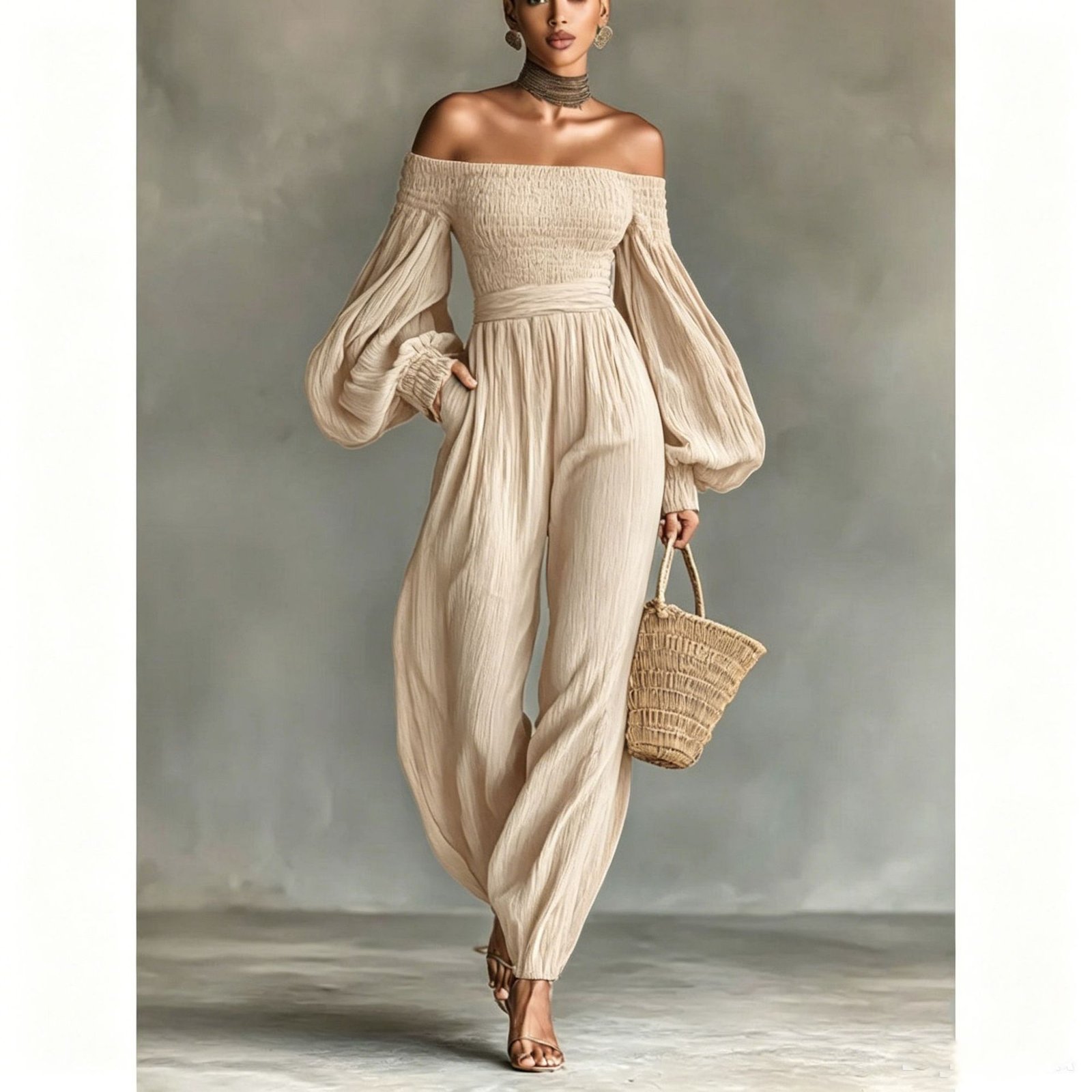 Women's Off-shoulder Long-sleeve Pleated Jumpsuit - Image 3