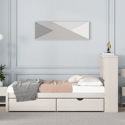 Modern Twin Size Bed Frame With Built-in USB Port On Bookcase Headboard And 2 Drawers For White Washed Color - Image 9