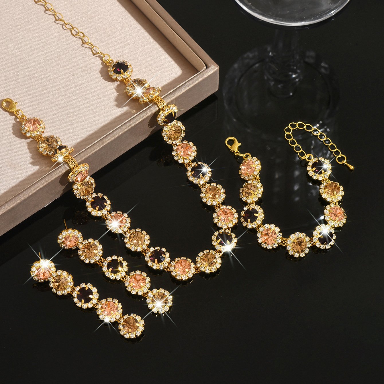 European And American Environmentally Friendly Electroplating Super Flash Crystal Zircon Geometric Flower Necklace Earrings Bracelet Fashion Maillard Style Jewelry - Image 6