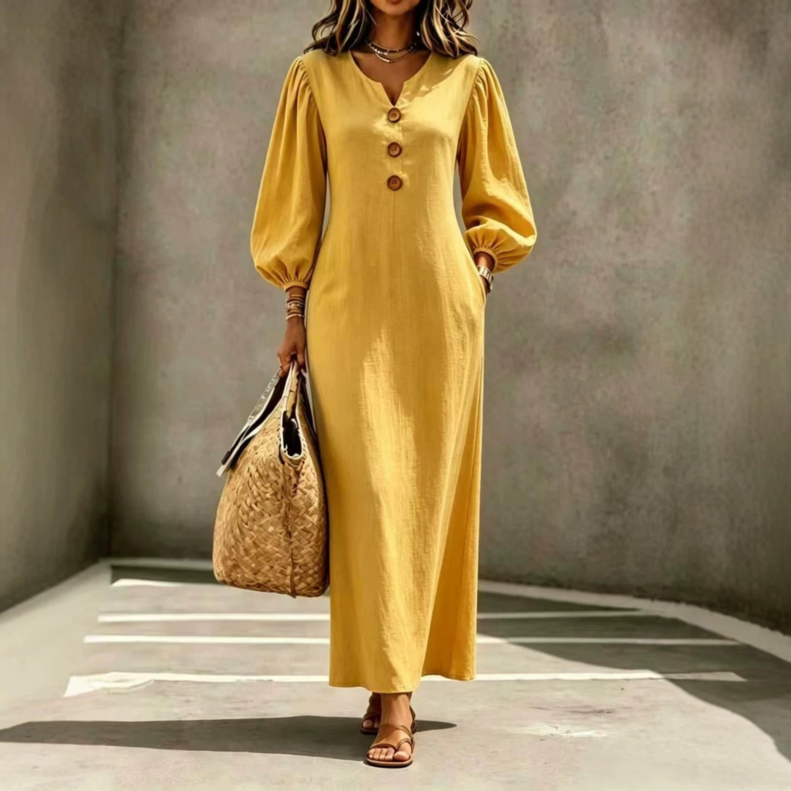 V-neck Buttoned Long Dress - Image 3