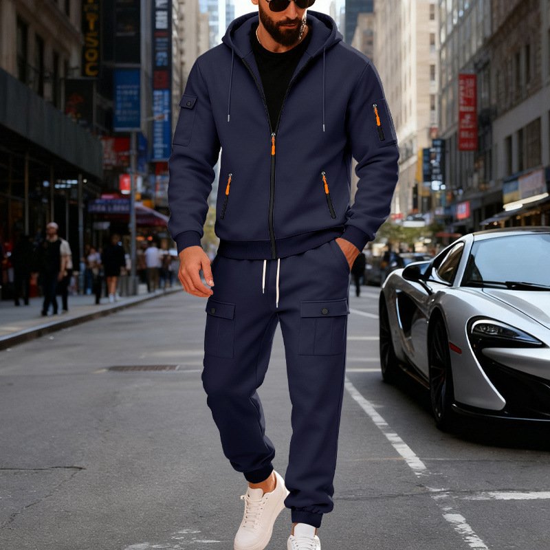 Men's Fleece-lined Casual Hoodie And Pants Set